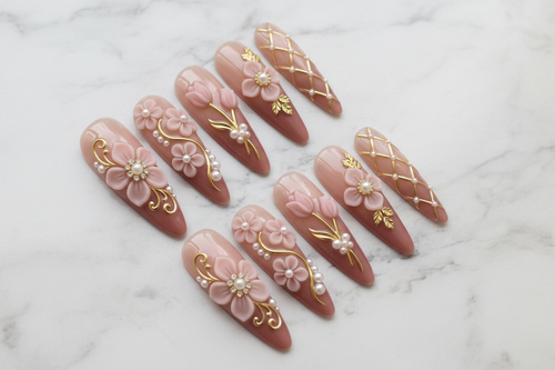 Full set 10 pink 3D floral gold pearl almond press-on nails on marble background custom press-on nails pink gold — LuxepressCo