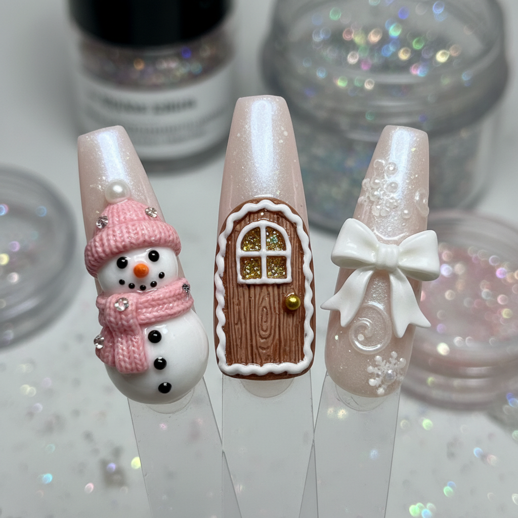 Macro close-up 3D snowman gingerbread house bow Christmas custom press-on nails detail — LuxepressCo