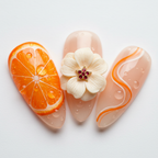 Macro close-up orange citrus slice 3D cream flower gold star charm red rhinestone swirl line art nail art — LuxepressCo