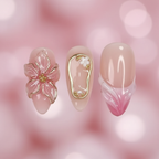 Macro close-up 3D pink chiffon flower gold enamel oval frame pearl pink ombre gradient custom press-on nails detail — LuxepressCo