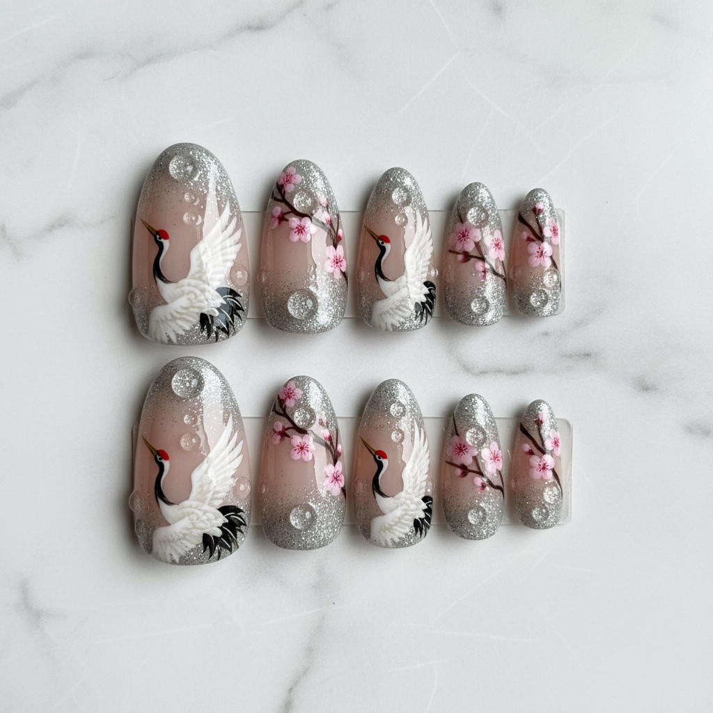 Flat lay top-down full set 10 Japanese crane cherry blossom custom press-on nails white marble — LuxepressCo