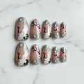 Flat lay top-down full set 10 Japanese crane cherry blossom custom press-on nails white marble — LuxepressCo