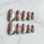 Flat lay top-down full set 10 Japanese crane cherry blossom custom press-on nails white marble — LuxepressCo