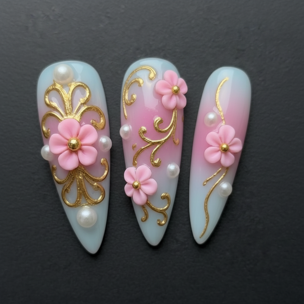 Macro close-up 3D pink floral gold filigree pearl stiletto custom press-on nails dramatic lighting — LuxepressCo