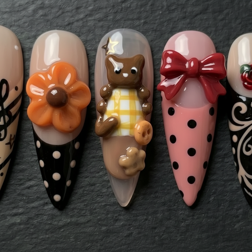 3D teddy bear and red bow polka dot custom press-on nails macro close-up — LuxepressCo