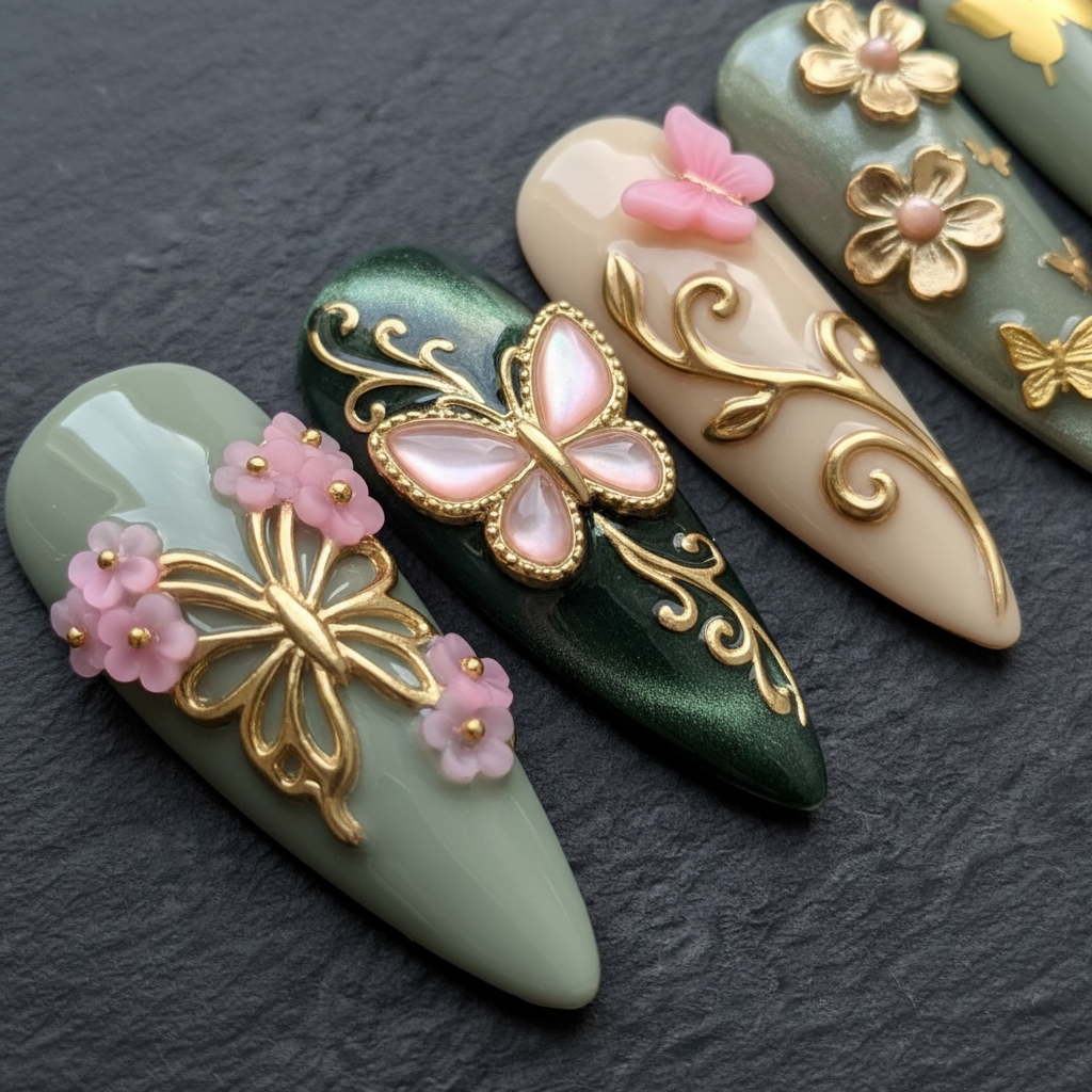 Macro close-up emerald chrome mother-of-pearl butterfly 3D custom press-on nails dark background — LuxepressCo