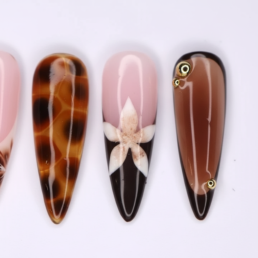 Macro close-up tortoiseshell 3D floral gold charm salon-quality nails — LuxepressCo