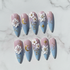 Full set 10 celestial bloom 3D floral custom press-on nails pink blue ombre gold moon constellation — LuxepressCo