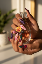 Dark-skin hands holding perfume bottle wearing purple floral reusable press-on nails — LuxepressCo