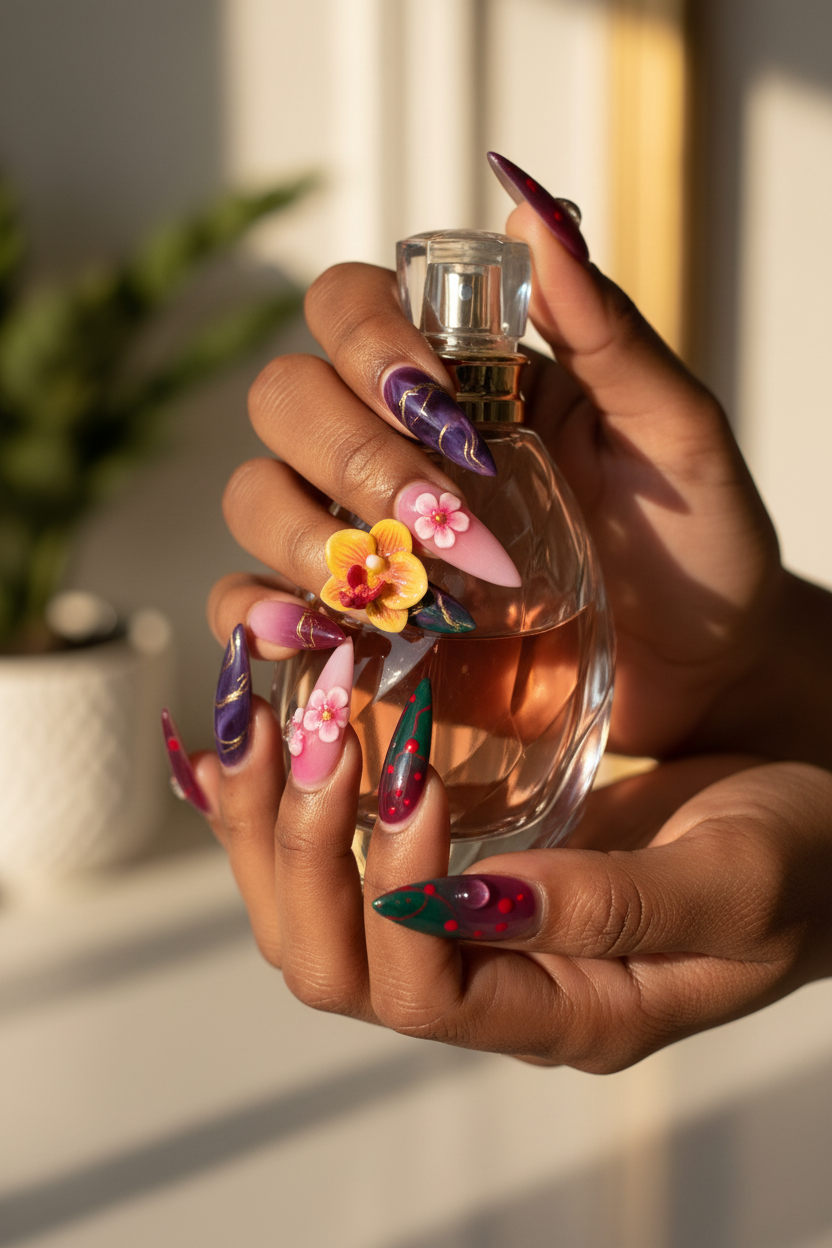 Dark-skin hands holding perfume bottle wearing purple floral reusable press-on nails — LuxepressCo