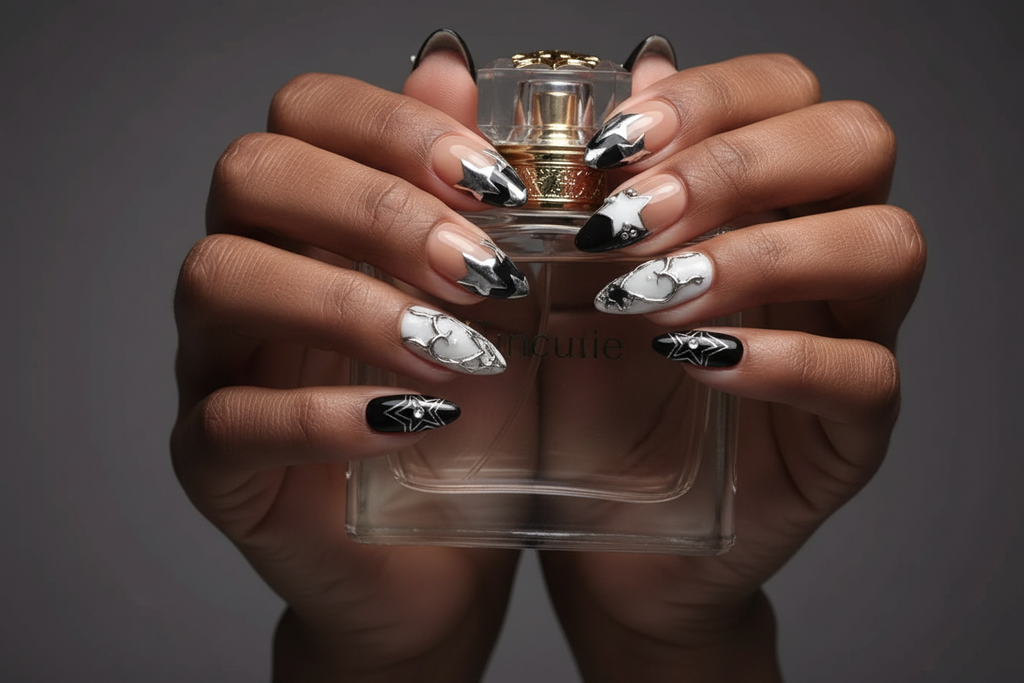 Dark-skin hands wearing black star chrome reusable press-on nails holding perfume bottle — LuxepressCo