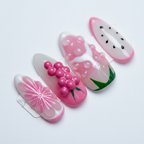 Macro close-up 3D red cherry grape pink citrus gel nail art custom press-on nails — LuxepressCo