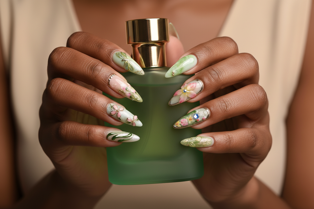 Dark skin hands holding green perfume bottle wearing dragonfly garden custom press-on nails sage green — LuxepressCo