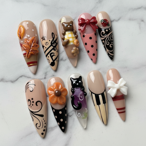 Full set 10 mixed art custom press-on nails white marble studio hero shot — LuxepressCo