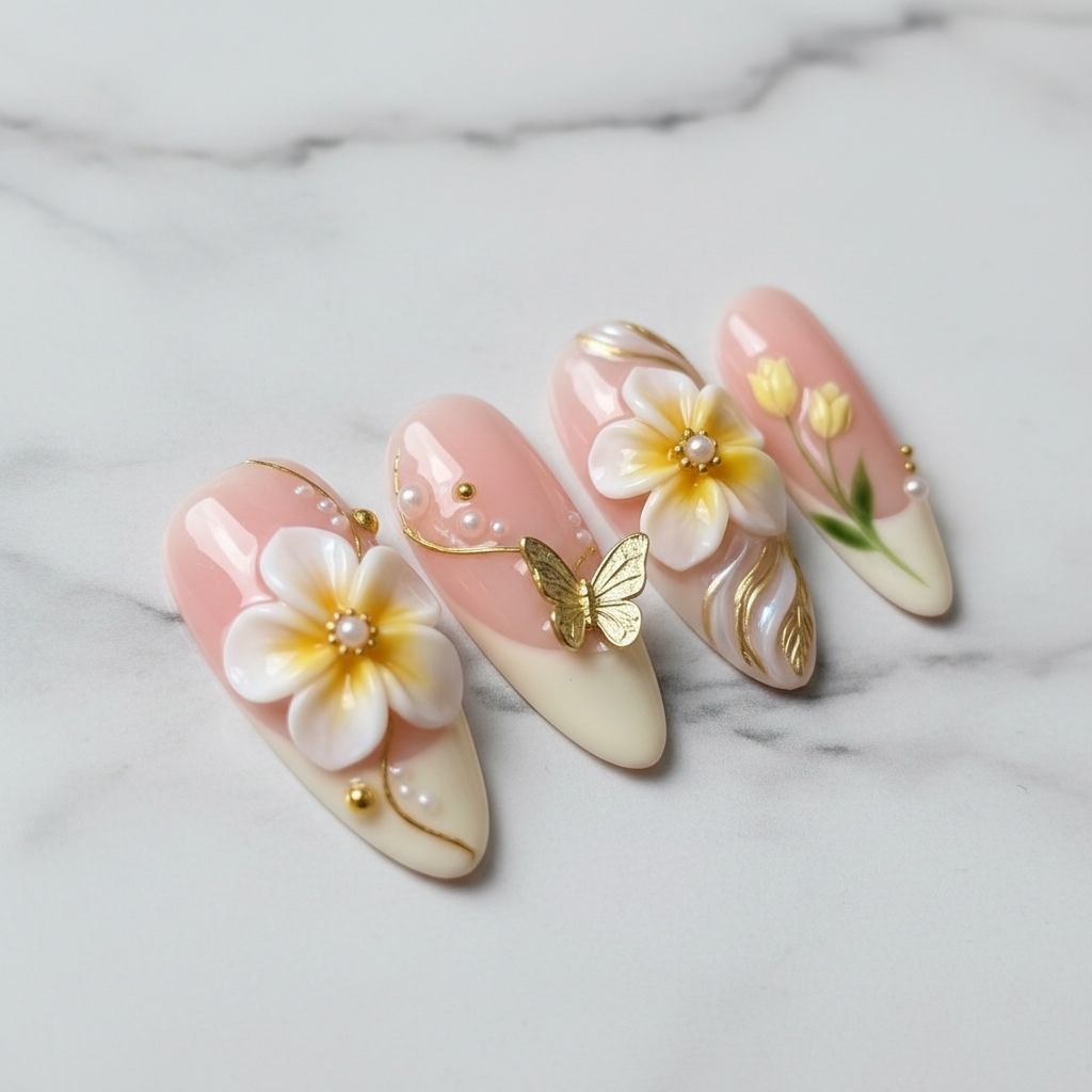 Macro close-up 3D floral gold leaf pearl reusable salon-quality press-on nails marble background — LuxepressCo