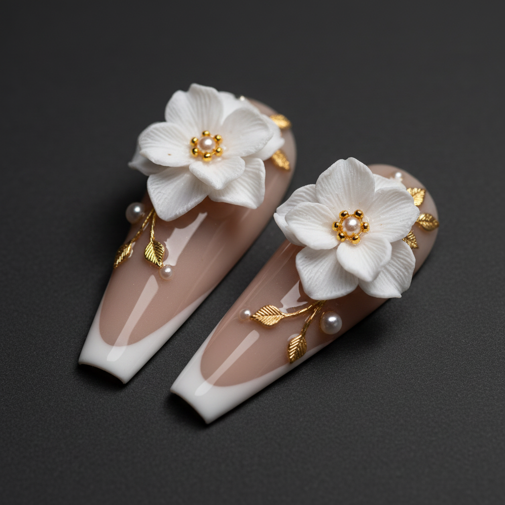 Close-up macro 3D white sculpted flower gold metallic vine custom press-on nails dramatic lighting — LuxepressCo