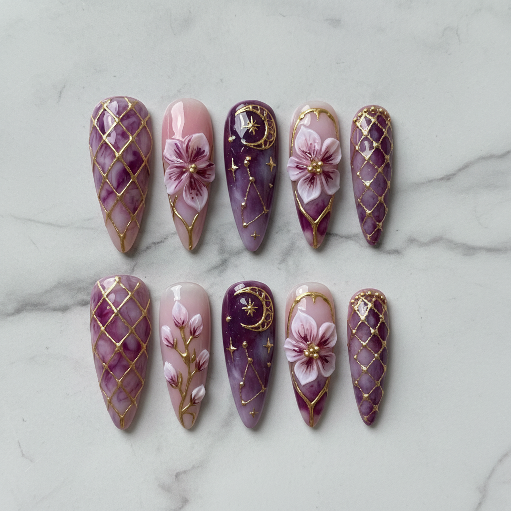 Flat lay top-down full set salon-quality purple celestial press-on nails white marble — LuxepressCo
