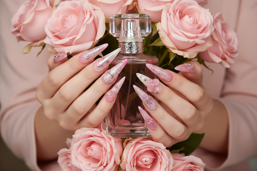 Lifestyle light skin hands wearing pink cross fairy gothic custom press-on nails holding pink roses — LuxepressCo