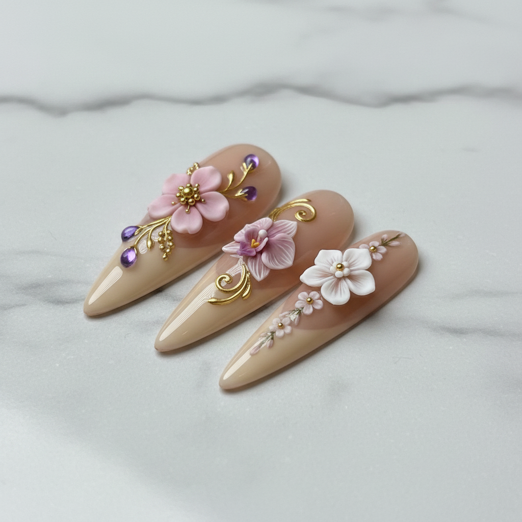 Close-up 3D white pink floral pearl center gold swirl reusable salon-quality nails marble background — LuxepressCo