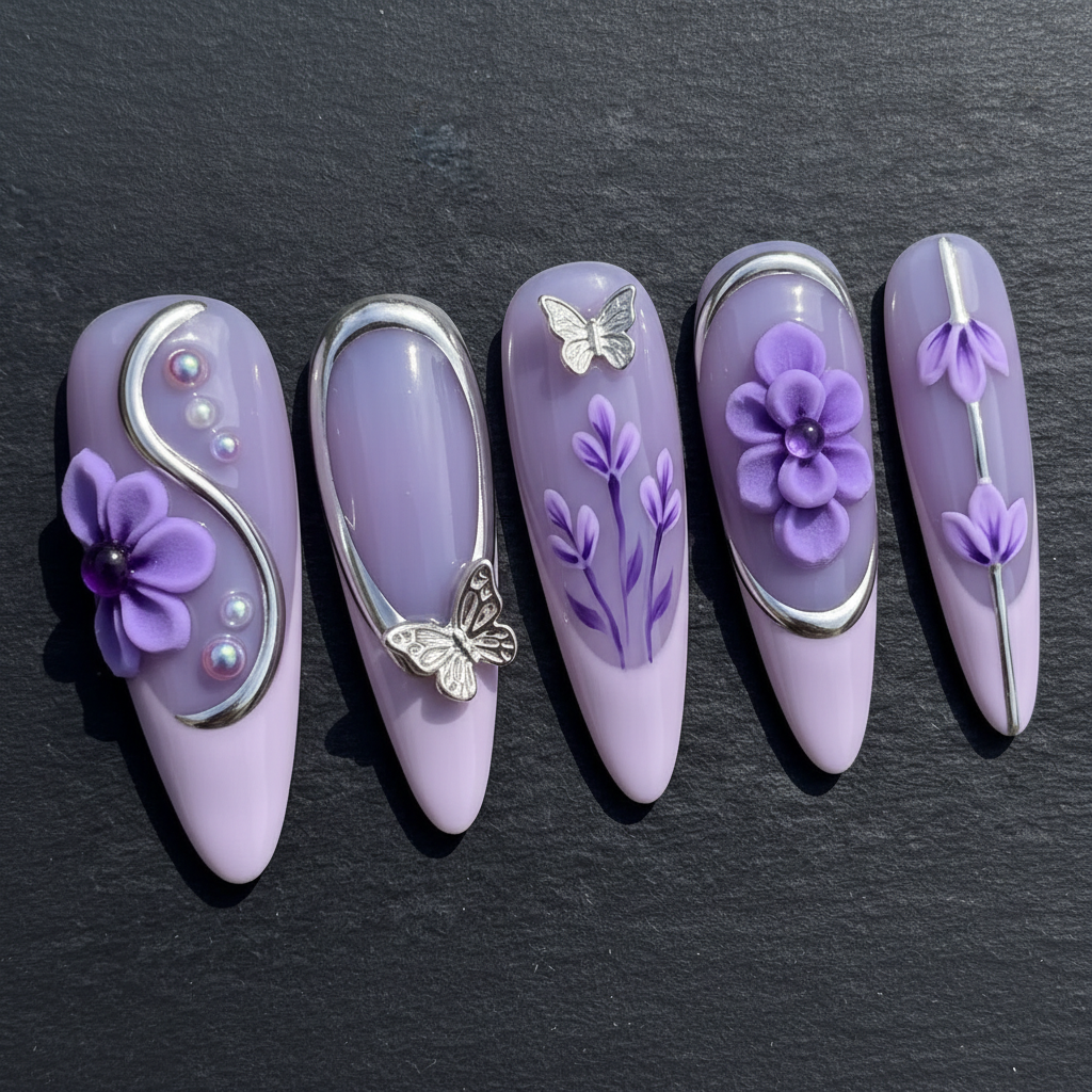Close-up macro 3D purple flower pearl center silver butterfly charm lavender custom press-on nails dramatic — LuxepressCo