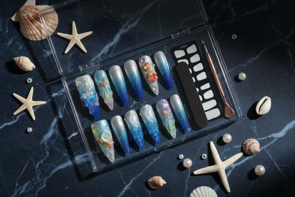 Luxury dark navy unboxing deep ocean blue glitter jelly starfish pearl stiletto custom press-on nails with accessories — LuxepressCo