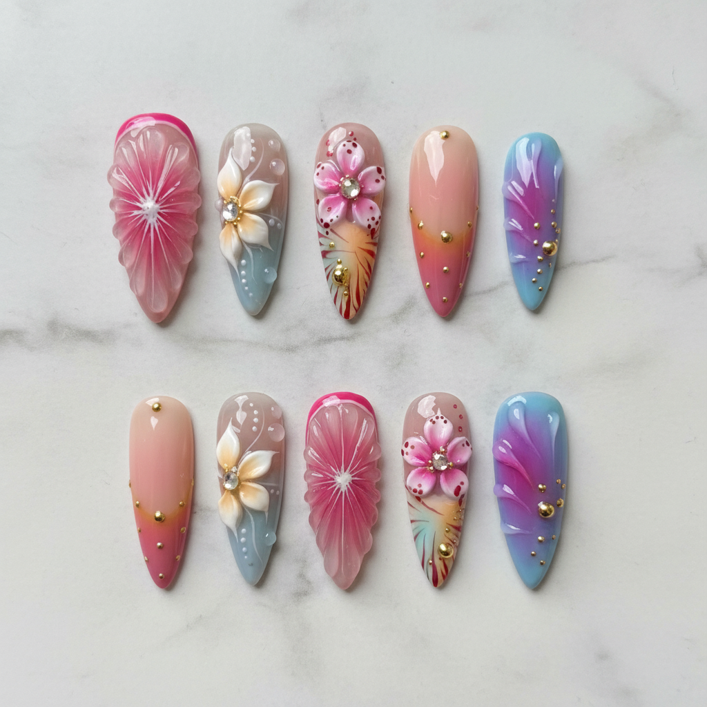 Flat lay top-down full set 10 custom press-on nails floral gradient marble background — LuxepressCo