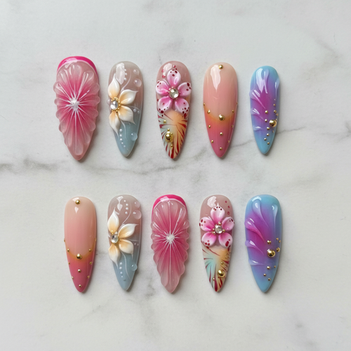Flat lay top-down full set 10 custom press-on nails floral gradient marble background — LuxepressCo