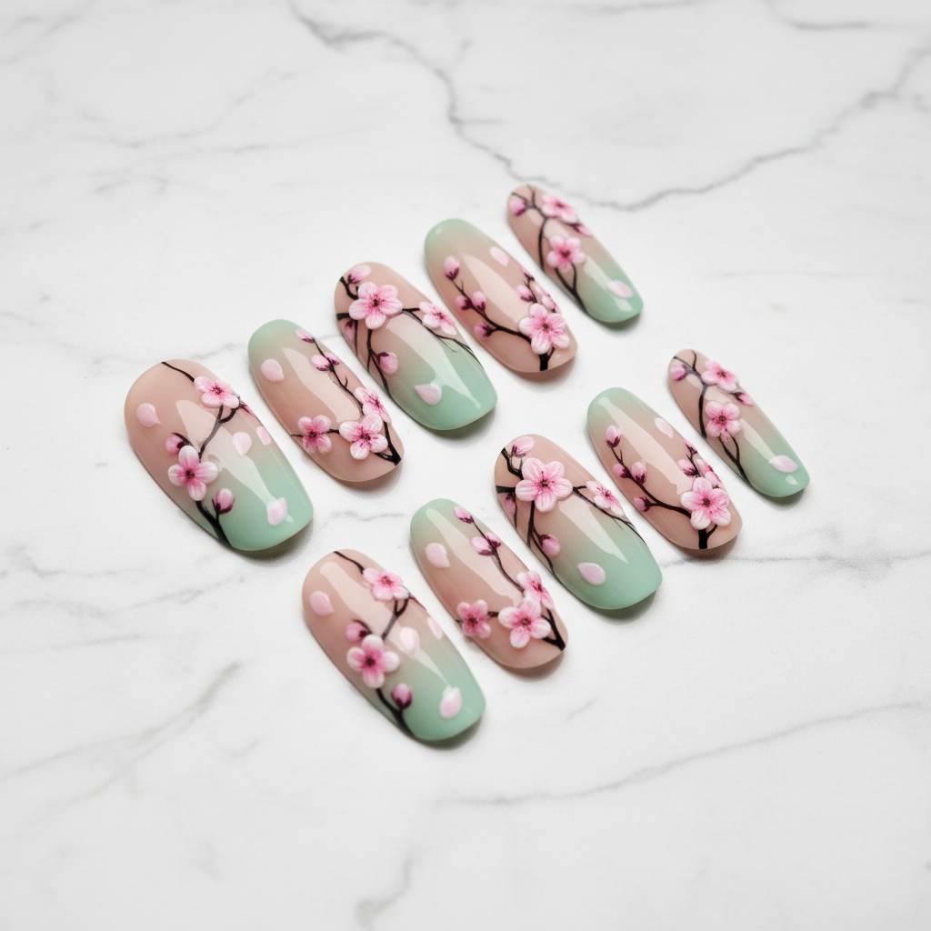 Full set 10 cherry blossom 3D sakura custom press-on nails on marble background studio hero shot — LuxepressCo