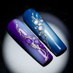 Macro close-up silver wire filigree 3D aurora bubble gems blue purple ombre custom press-on nails — LuxepressCo