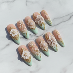 3D white flower gold baroque pearl ombre press-on nails hero shot white marble studio custom press-on nails — LuxepressCo