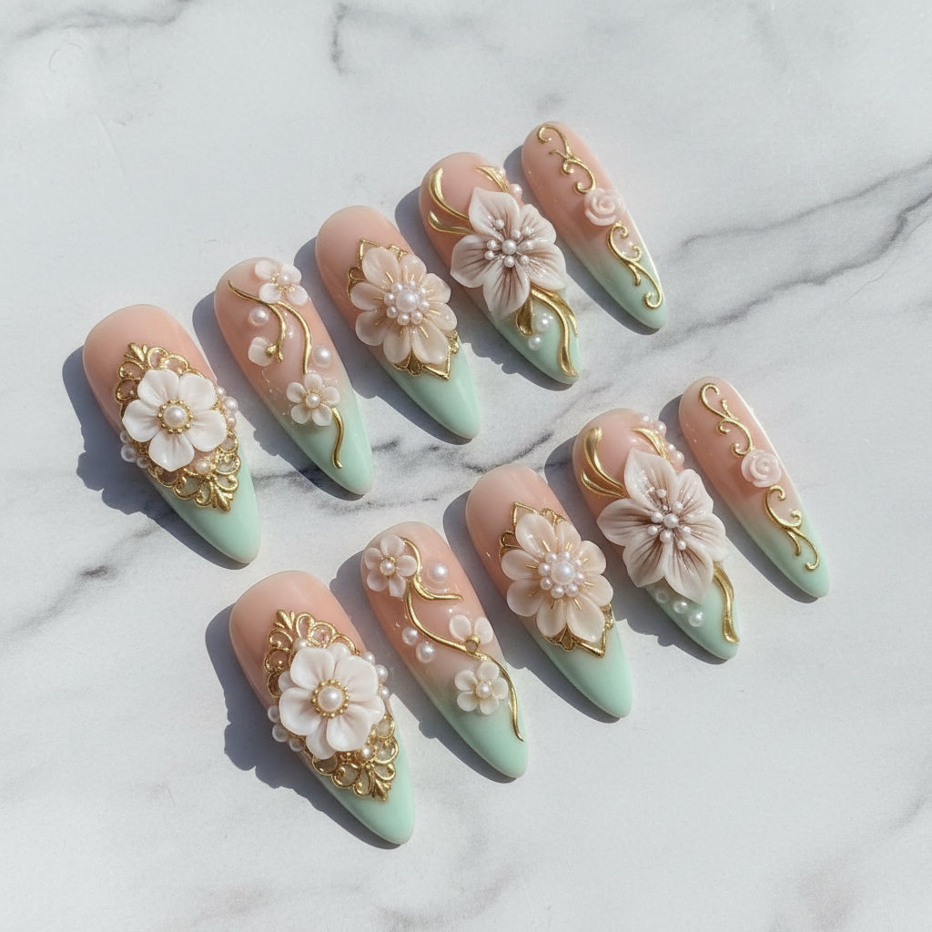 3D white flower gold baroque pearl ombre press-on nails hero shot white marble studio custom press-on nails — LuxepressCo
