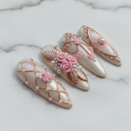 Macro close-up opal shimmer rose gold diamond lattice pearl baroque frame custom press-on nails marble — LuxepressCo