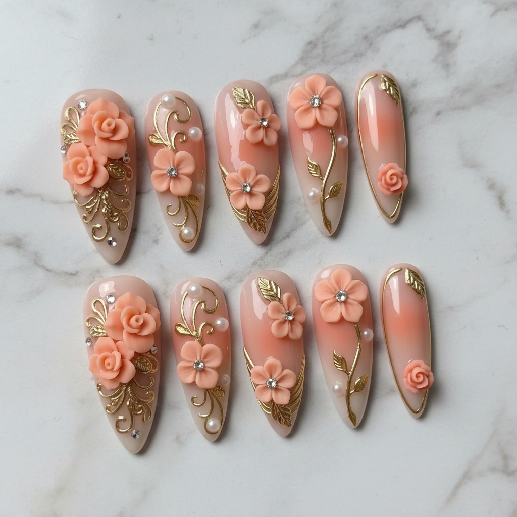 3D peach rose gold filigree floral rhinestone press-on nails hero shot white marble studio custom press-on nails — LuxepressCo