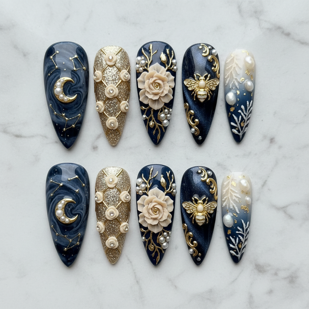 Flat lay top-down full set 10 celestial baroque custom press-on nails navy blue gold white marble — LuxepressCo