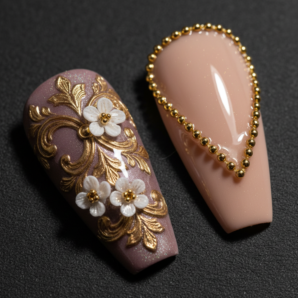 Close-up mauve chrome gold baroque engraving 3D white flower bead chain custom press-on nails — LuxepressCo