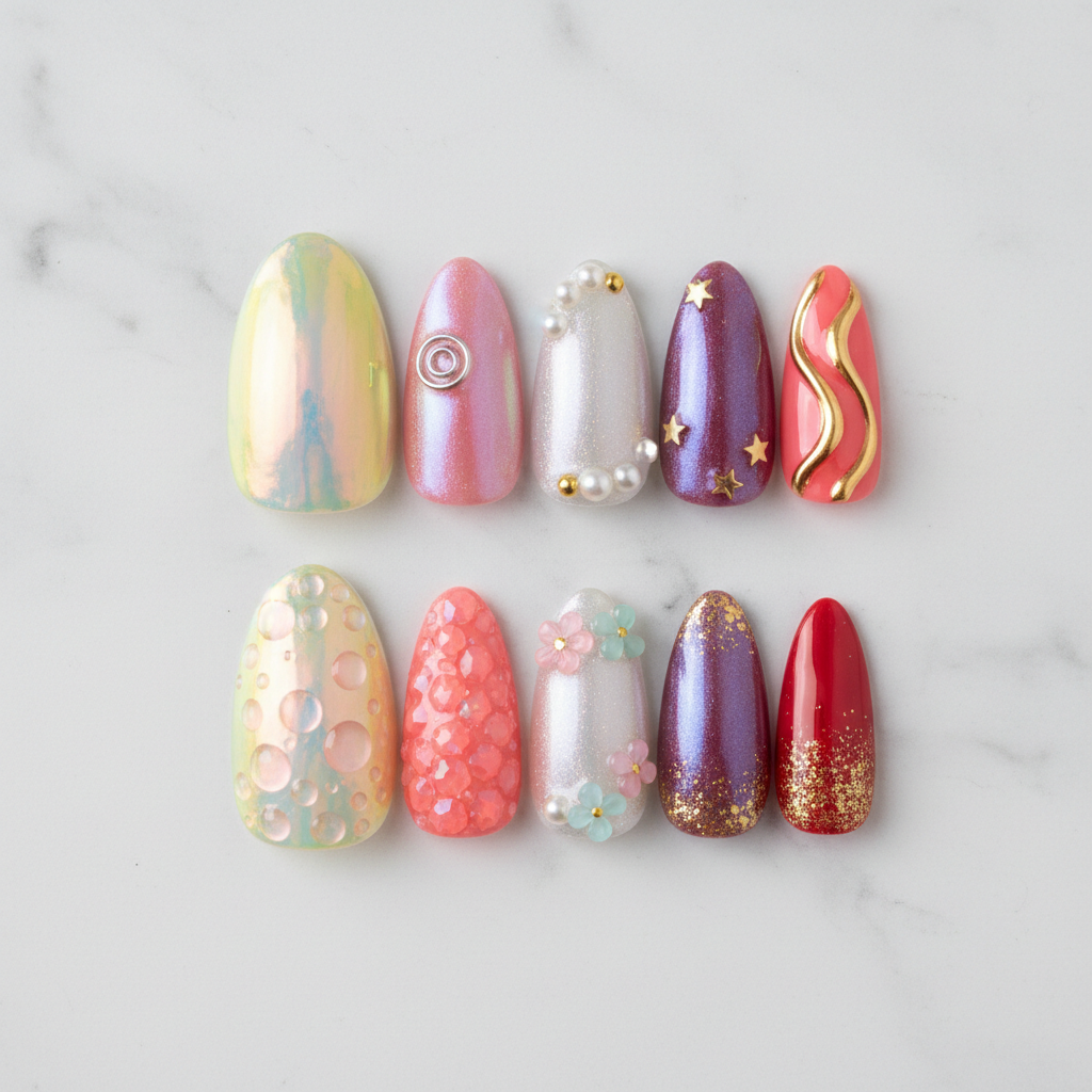 Flat lay top-down full set 10 aurora holographic custom press-on nails white marble studio — LuxepressCo
