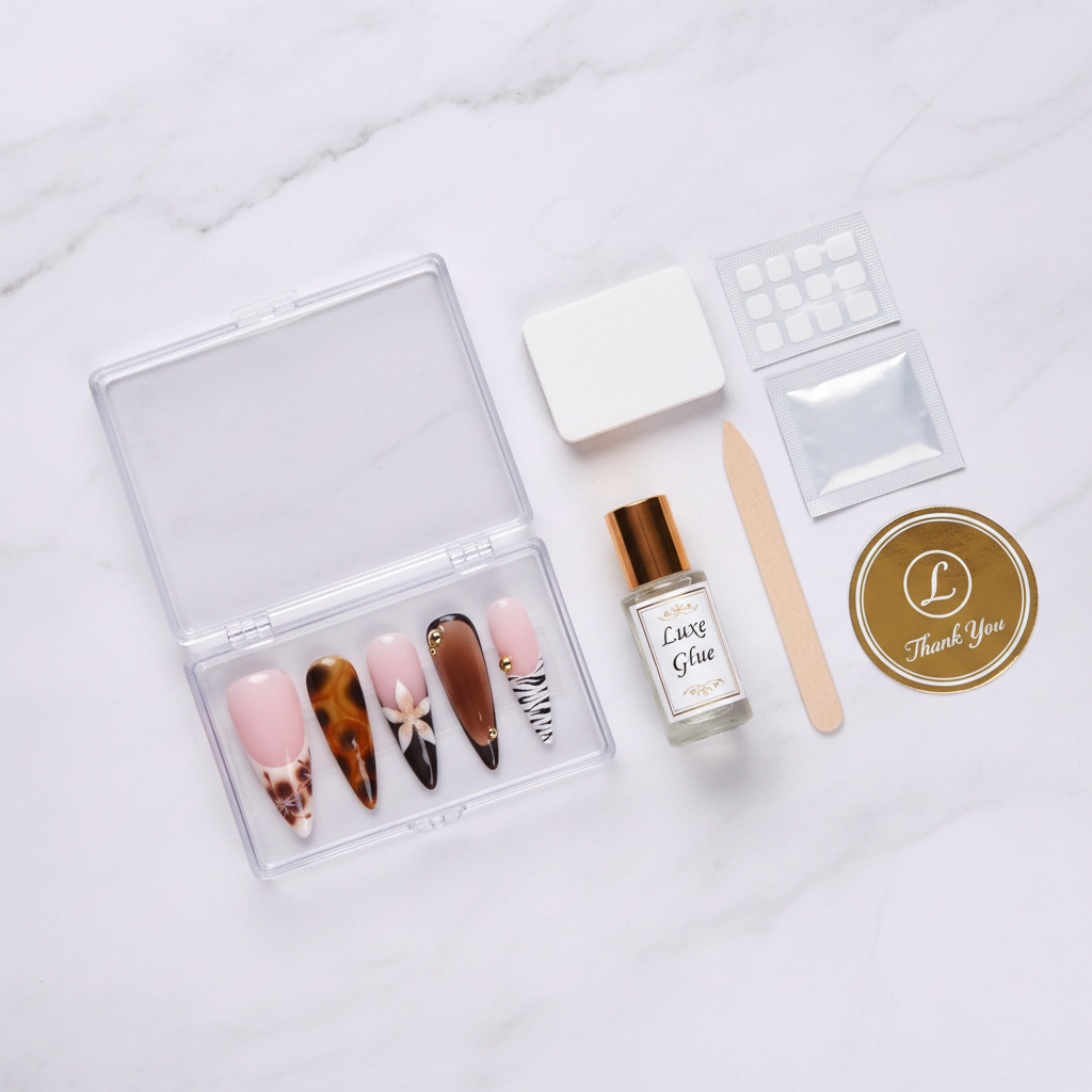 Acrylic packaging box open with reusable nails nail file Luxe Glue adhesive tabs — LuxepressCo