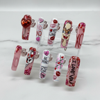 Valentine's Day custom press-on nails full set on white marble studio — LuxepressCo