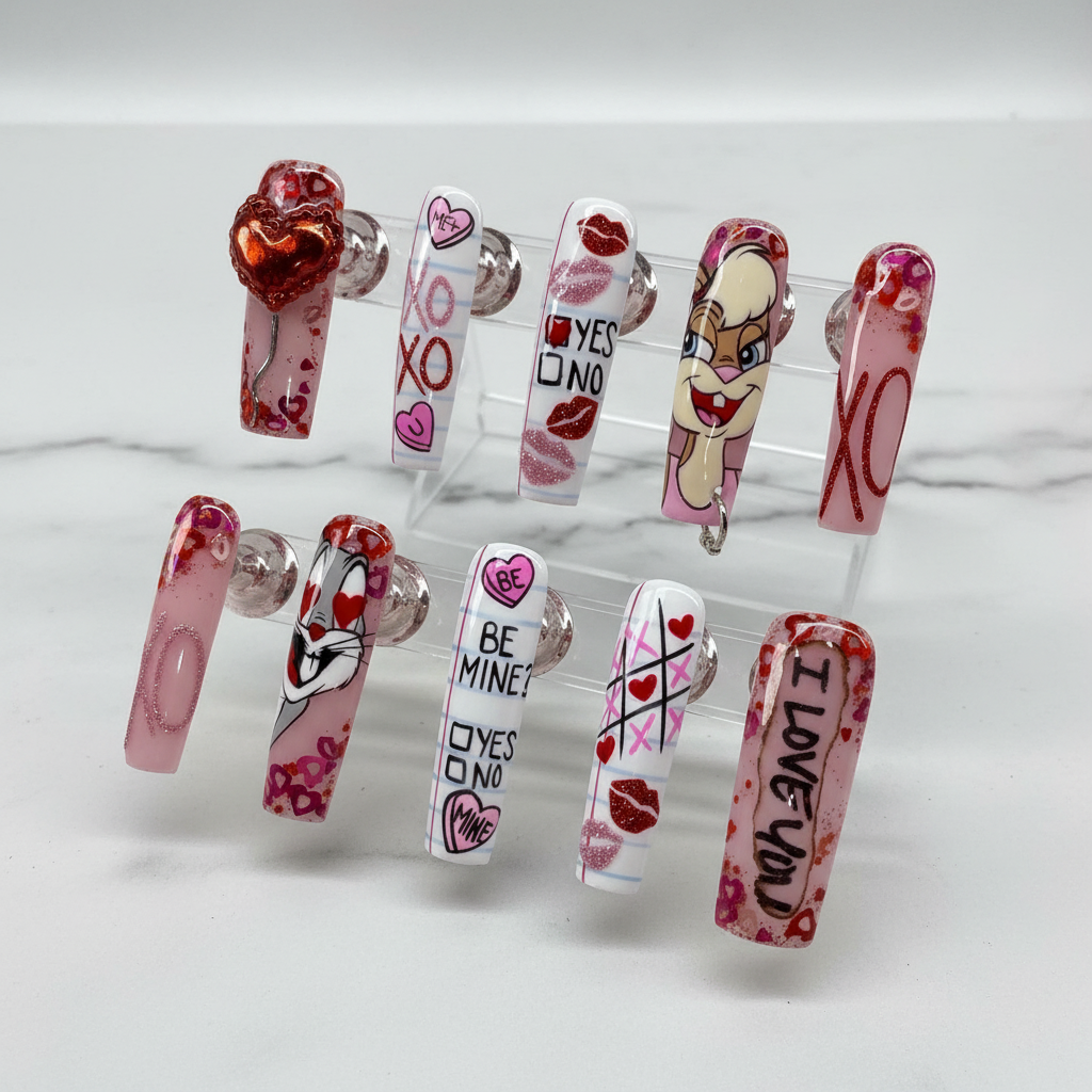 Valentine's Day custom press-on nails full set on white marble studio — LuxepressCo