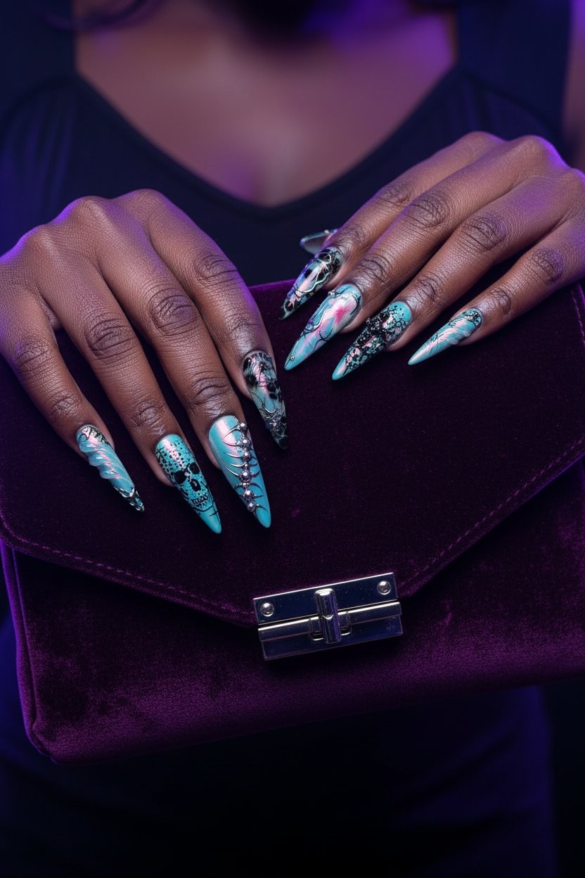 Dark skin hands with teal iridescent skull leopard salon-quality press-on nails holding velvet clutch — LuxepressCo