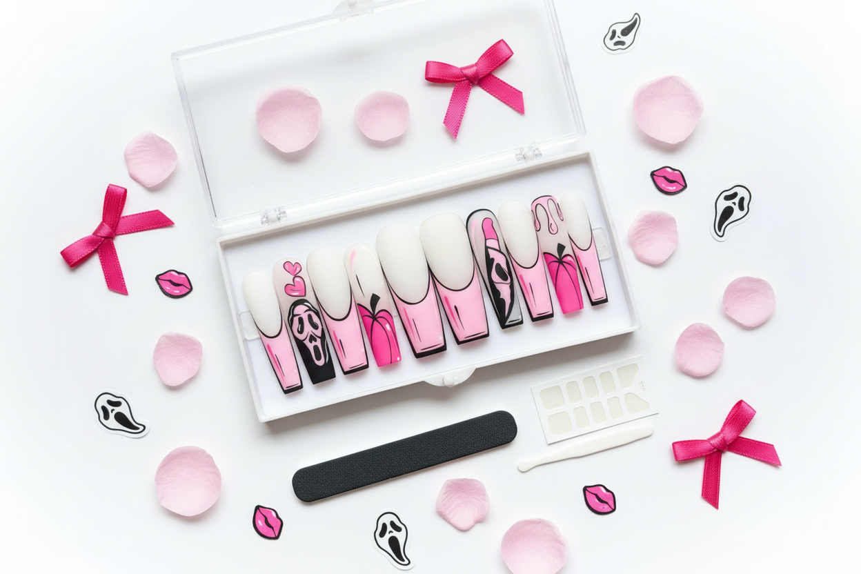 Luxury unboxing acrylic box Scream ghost face horror coquette pink ombre press-on nails with accessories — LuxepressCo