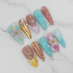 Full set 10 pastel watercolor chrome 3D plumeria pearl engraved floral almond custom press-on nails on marble — LuxepressCo