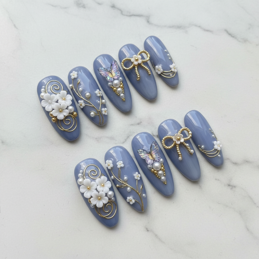 Full set 10 periwinkle blue 3D butterfly floral pearl almond custom press-on nails on marble background — LuxepressCo