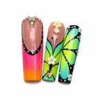 Macro close-up teal lime butterfly wing art 3D flower gold butterfly charm aurora rhinestone custom press-on nails — LuxepressCo