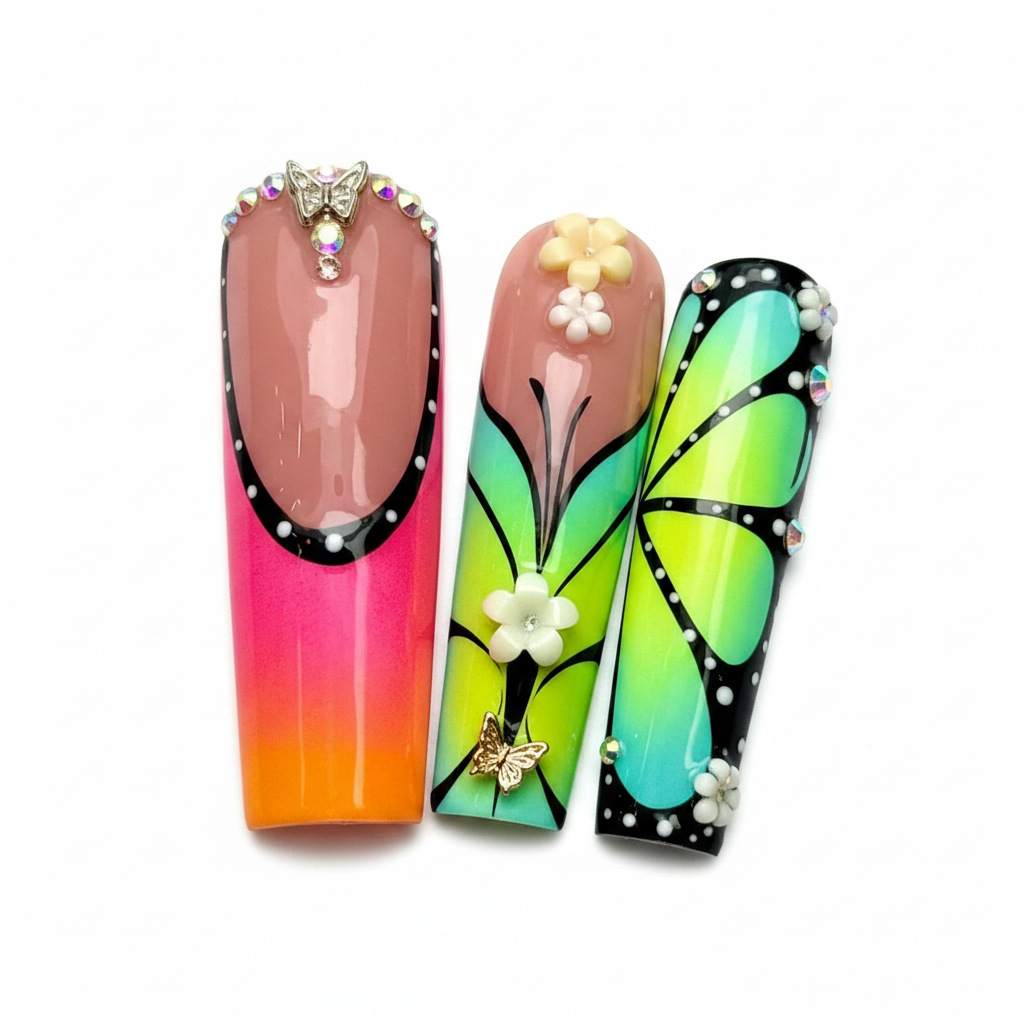 Macro close-up teal lime butterfly wing art 3D flower gold butterfly charm aurora rhinestone custom press-on nails — LuxepressCo