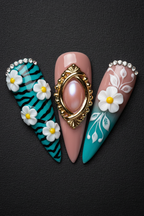 Close-up 3D white flower rhinestone custom press-on nails teal zebra dramatic light — LuxepressCo