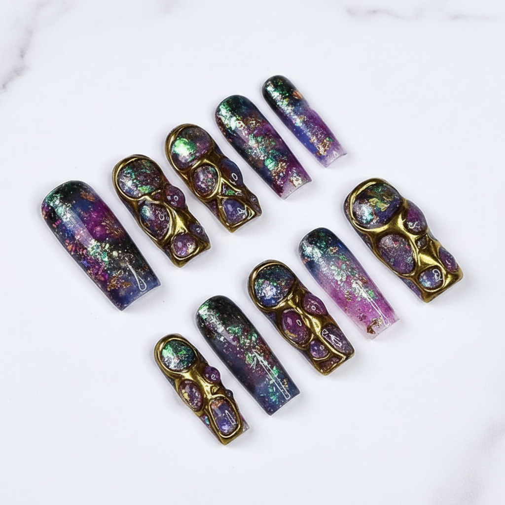 Galaxy purple teal gold chrome 3D bubble aurora foil custom press-on nails long square on marble — LuxepressCo