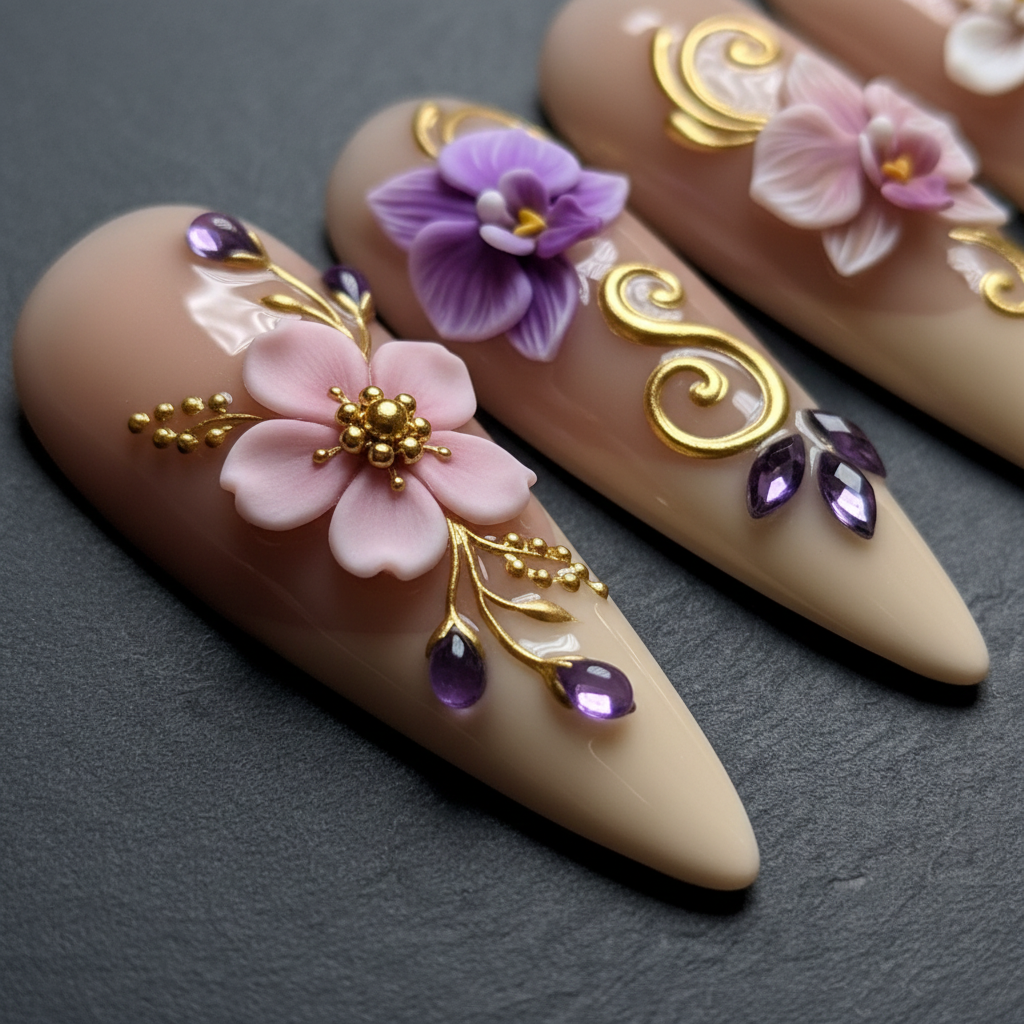 Macro close-up 3D pink cherry blossom purple orchid crystal gem custom press-on nails dramatic lighting — LuxepressCo