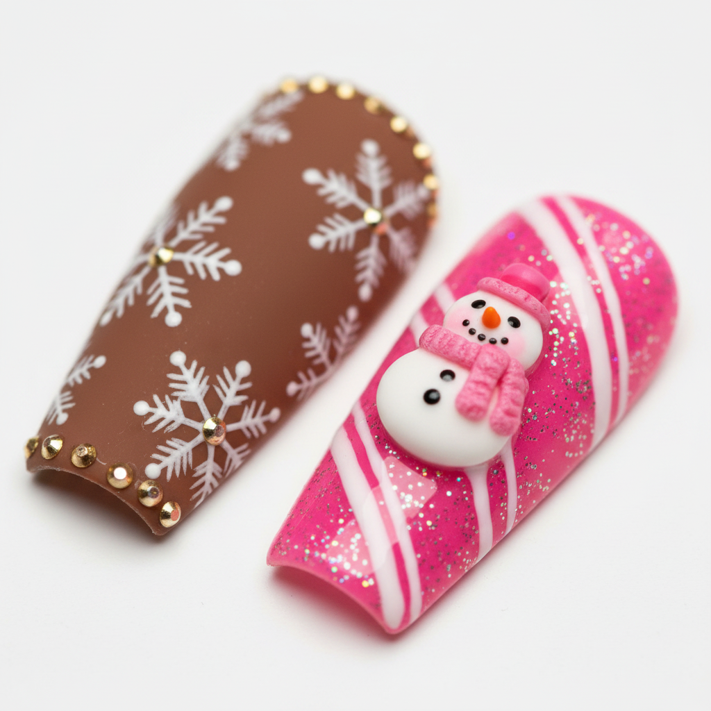 Macro close-up gingerbread snowflake gold rhinestone candy cane silver glitter snowman custom press-on nails Christmas — LuxepressCo