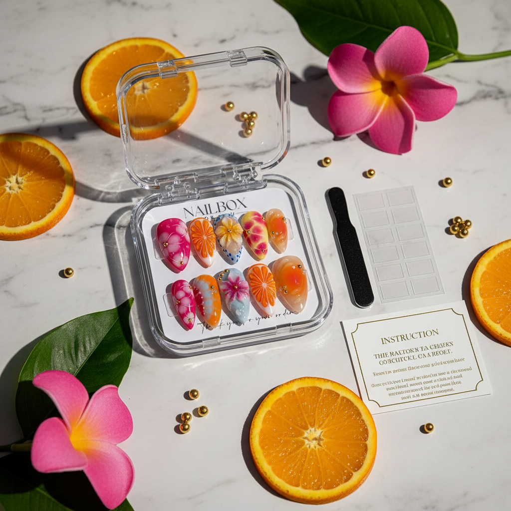 Luxury unboxing acrylic nail box sunset bloom watercolor press-on nails with orange slices pink flowers gold beads — LuxepressCo
